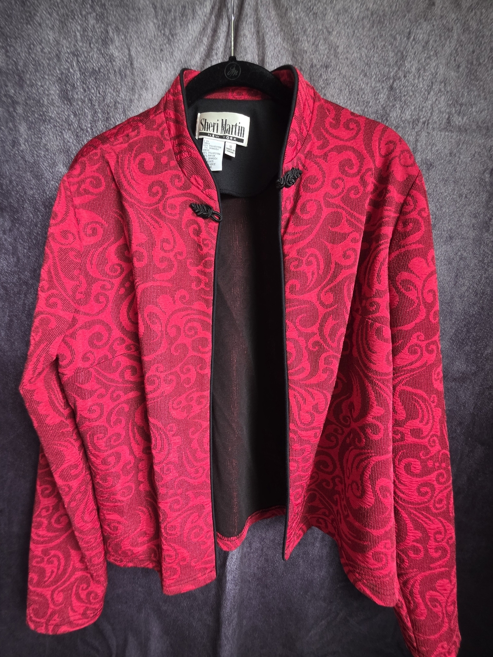 Vintage Sheri Martin New York Red Black Jacquard Jacket Frog Closure Size 12